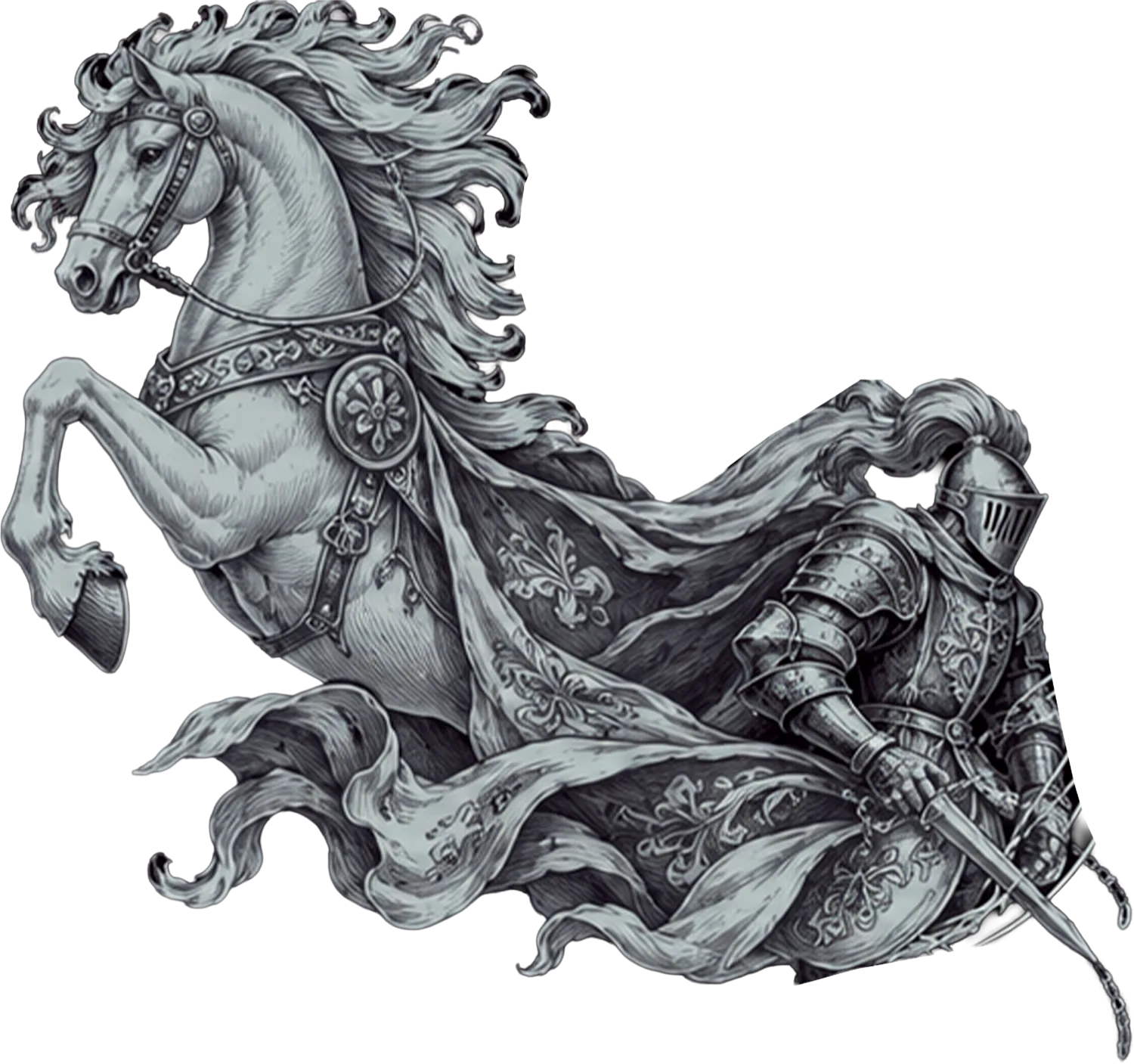 Engraved knight beside a rearing horse